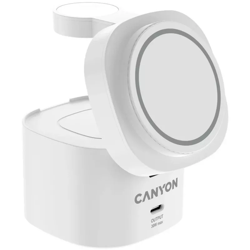 Canyon Base de carga inalámbrica 4 en 1, 30W max, tamaño: 70x70x70,3mm, peso: 414g, con cable de 1M, blanco