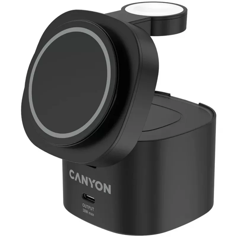 Canyon Base de carga inalámbrica 4 en 1, 30W max, tamaño: 70x70x70,3mm, peso: 414g, con cable de 1M, negro