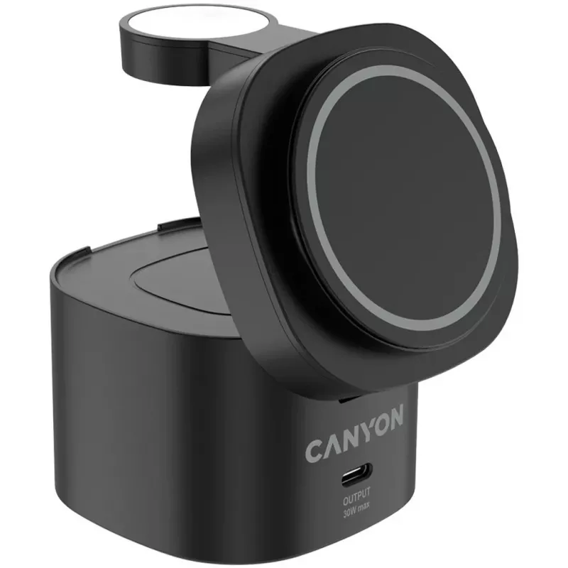 Canyon Base de carga inalámbrica 4 en 1, 30W max, tamaño: 70x70x70,3mm, peso: 414g, con cable de 1M, negro