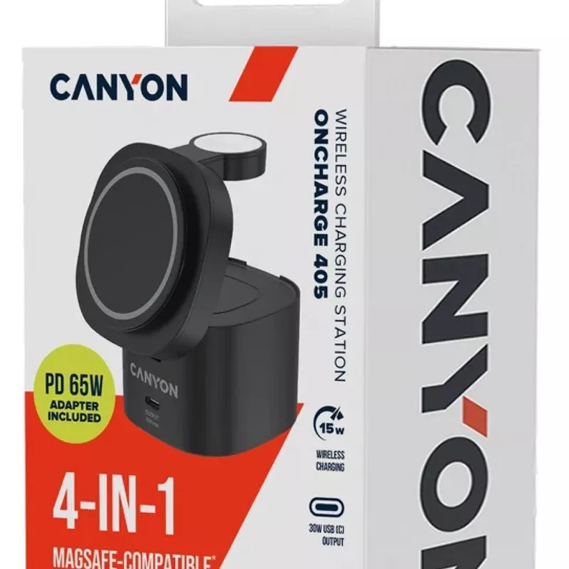Canyon Base de carga inalámbrica 4 en 1, 30W max, tamaño: 70x70x70,3mm, peso: 414g, con cable de 1M, negro