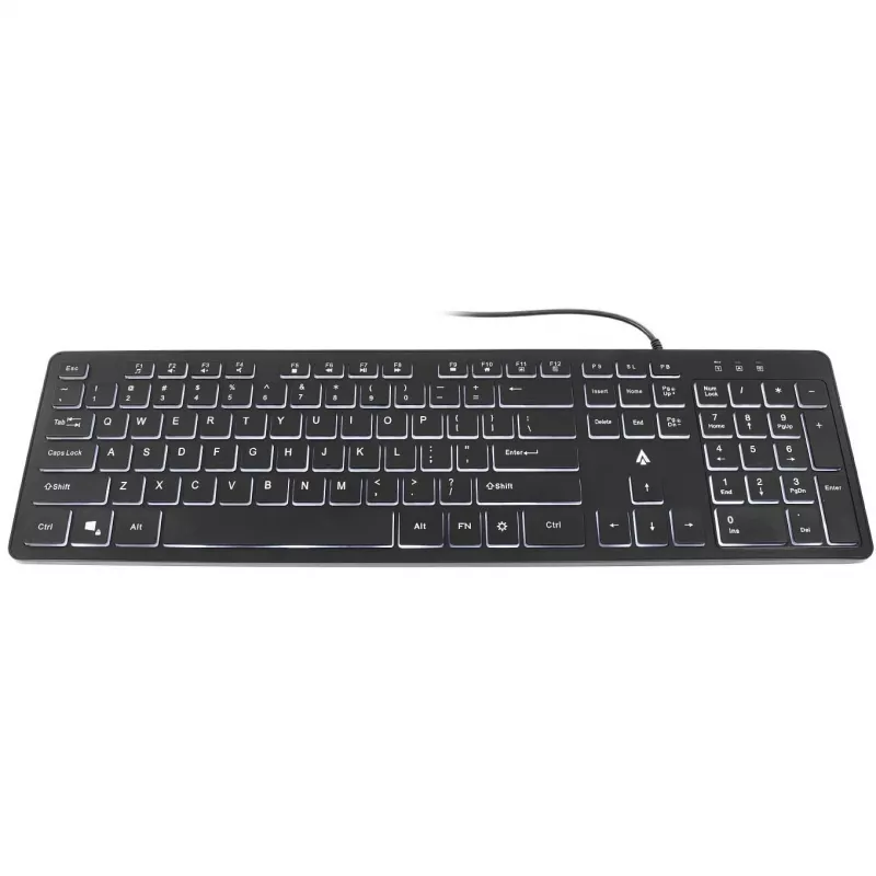 Teclado de membrana con cable USB retroiluminado Accura Artesia ACC-K1408, Full-Size QWERTY, LED multicolor, Negro