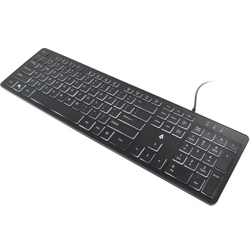 Teclado de membrana con cable USB retroiluminado Accura Artesia ACC-K1408, Full-Size QWERTY, LED multicolor, Negro