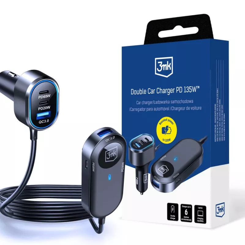 3MK Cargador doble para coche 135W