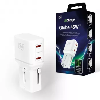 3mk incharge® Globe 45W™ 2C PD QC4+ PPS SCP AFC US/EU/AUS/UK blanco