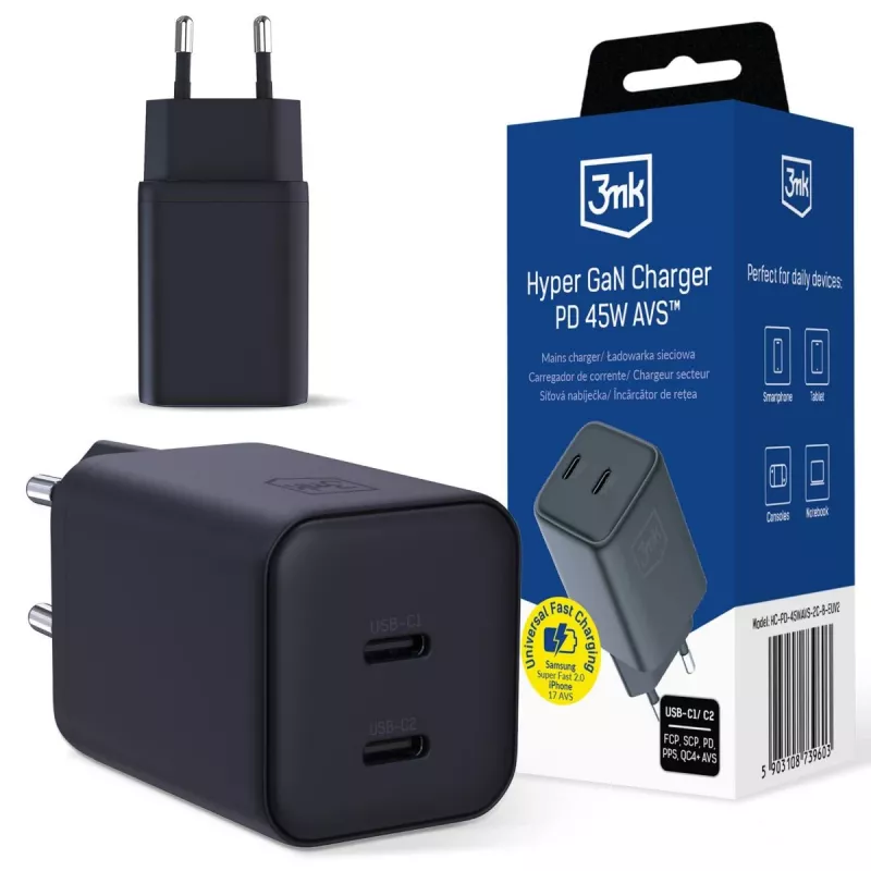 3MK Hyper Charger PD 45W GaN AVS QC4+ PPS AFC FCP DCP 2C Negro