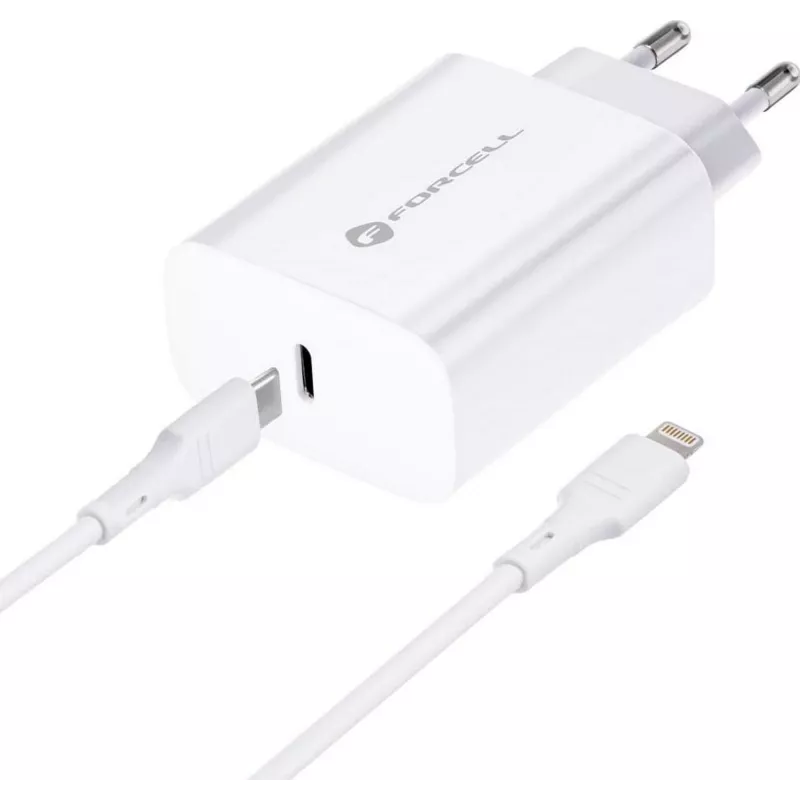 FORCELL F-ENERGY TFK-TC-20WPD Fuente de alimentación USB-C con cable USB-C a Lightning, 20W PD QC4.0, 3A, blanco
