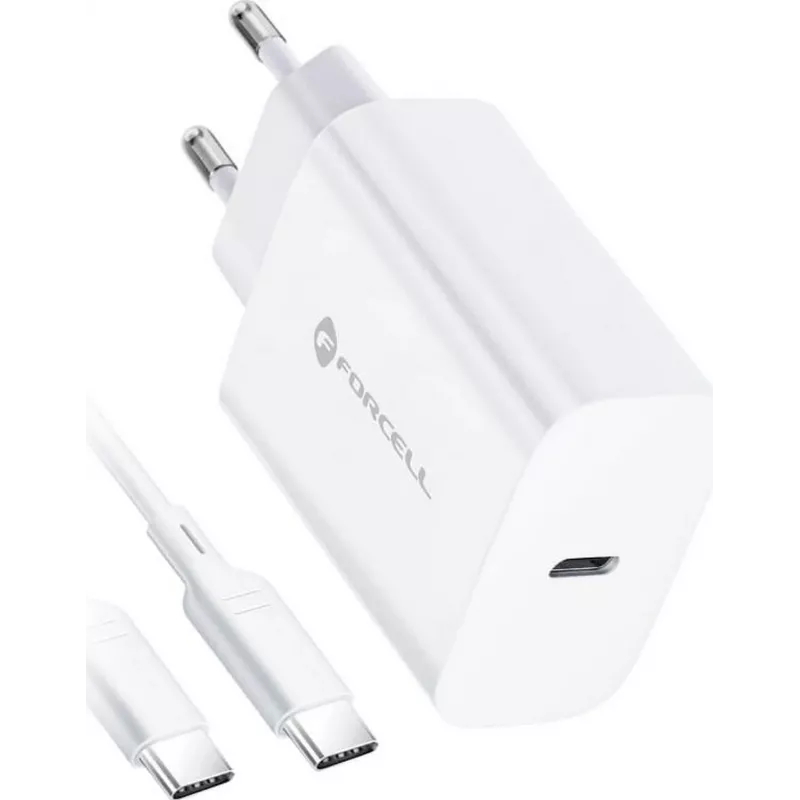 FORCELL F-ENERGY TFK-TC-25WPD Cargador de pared USB-C 25W PD QC 3.0 con cable USB-C a USB-C 3A blanco