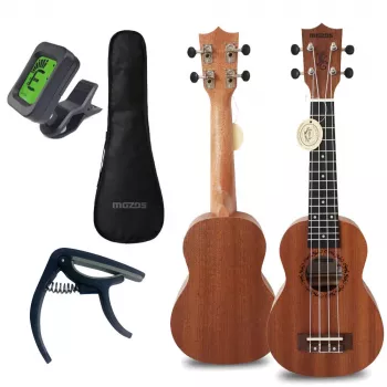 MOZOS GECKO Set de ukelele soprano – madera natural, 12 trastes, cuerdas de nailon, incl. funda, afinador, púas, correa, cuerdas de repuesto, paño de limpieza