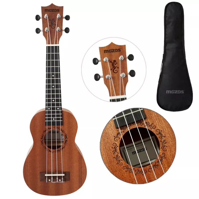 MOZOS GECKO Set de ukelele soprano – madera natural, 12 trastes, cuerdas de nailon, incl. funda, afinador, púas, correa, cuerdas de repuesto, paño de limpieza