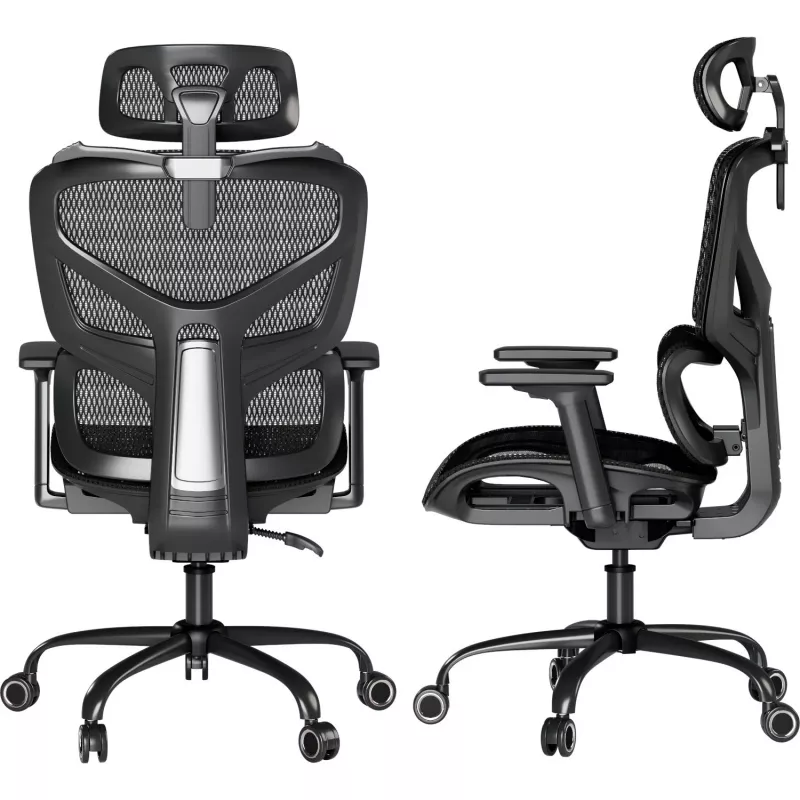MOZOS ERGO-V Silla de oficina ergonómica con soporte lumbar y reposacabezas ajustables, Negra