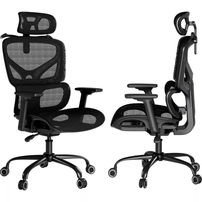 MOZOS ERGO-V Silla de oficina ergonómica con soporte lumbar y reposacabezas ajustables, Negra