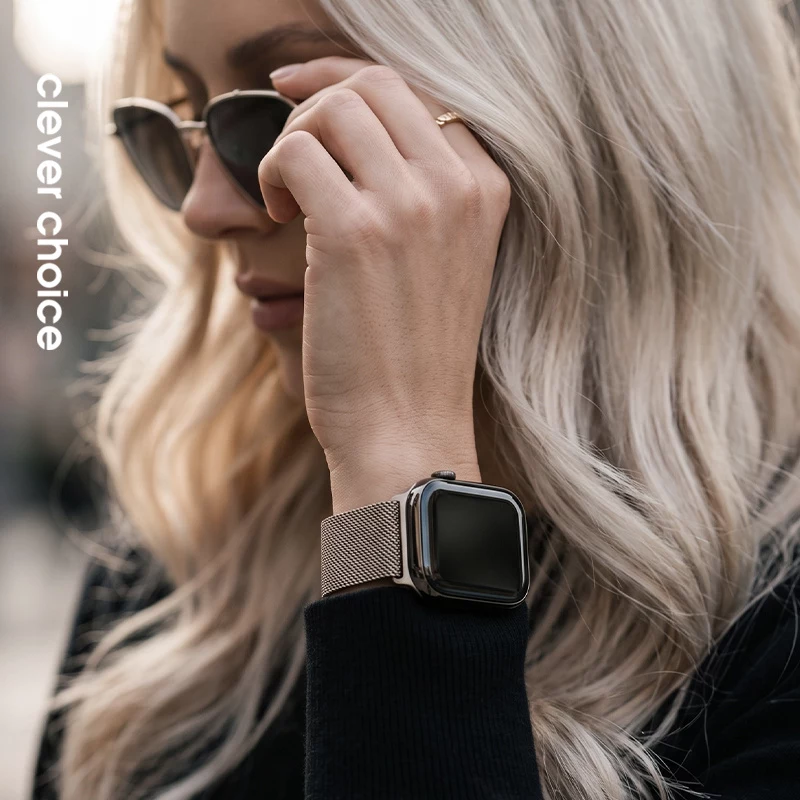 Crong Milano Steel – Correa de acero inoxidable para Apple Watch 44/45/46/49 mm (champán)