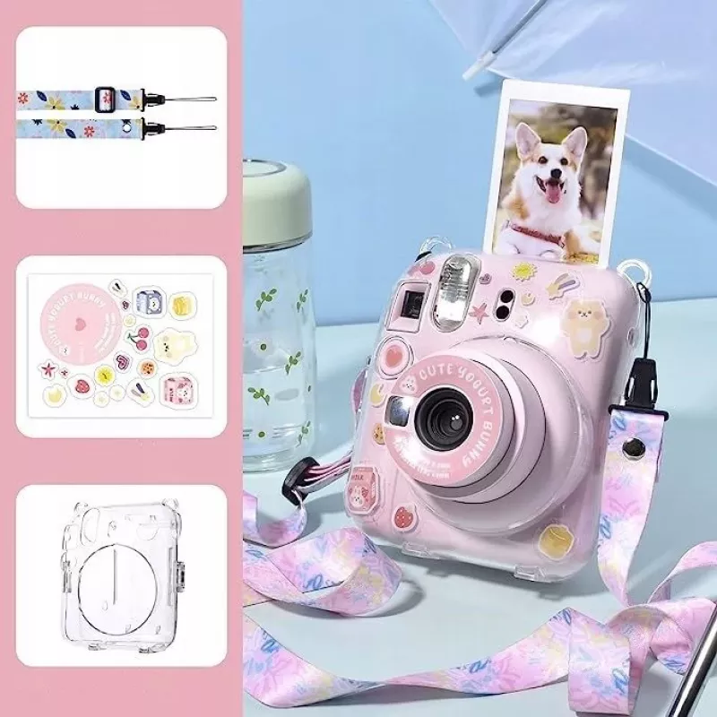 LOVEINSTANT Funda Case Cover para Fujifilm Instax Mini 12 con pegatinas - Yogurt Rabbit