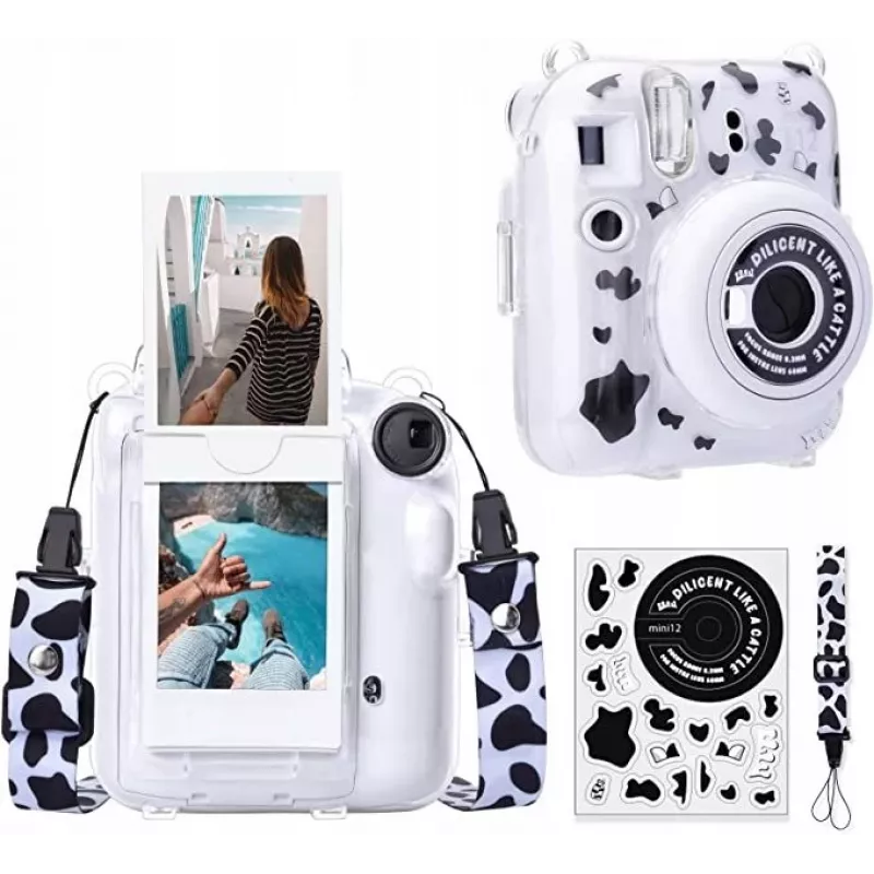 LOVEINSTANT Funda para Fujifilm Instax Mini 12 con pegatinas - estampado de vaca
