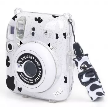 Funda LOVEINSTANT para Fujifilm Instax Mini 12 - estampado de vaca con purpurina, con pegatinas y bolsa de fotos