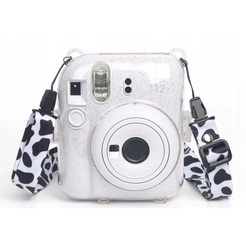 Funda LOVEINSTANT para Fujifilm Instax Mini 12 - estampado de vaca con purpurina, con pegatinas y bolsa de fotos
