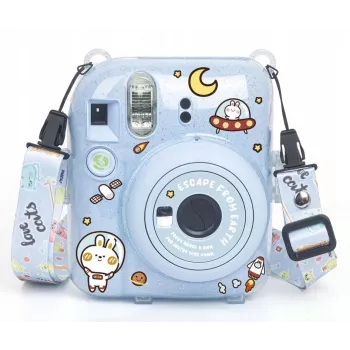 Funda protectora LOVEINSTANT para Fujifilm Instax Mini 12 - Escape From Earth, azul con purpurina, con pegatinas y bolsa de fotos