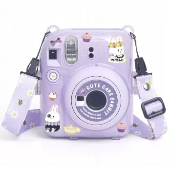 Funda protectora LOVEINSTANT para Fujifilm Instax Mini 12 - diseño Sweet Rabbit, lila con purpurina, con pegatinas y bolsa de fotos