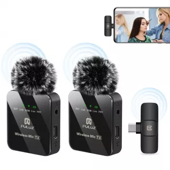 PULUZ PU648B 2x Micrófono de solapa inalámbrico para smartphones USB-C, tablets, portátiles - 2,4 GHz, omnidireccional, Plug and Play