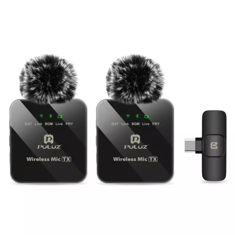 PULUZ PU648B 2x Micrófono de solapa inalámbrico para smartphones USB-C, tablets, portátiles - 2,4 GHz, omnidireccional, Plug and Play