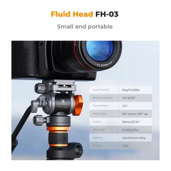 K&F Concept FH-03 Rótula fluida para vídeo, carga de 5 kg, Arca-Swiss, 1/4