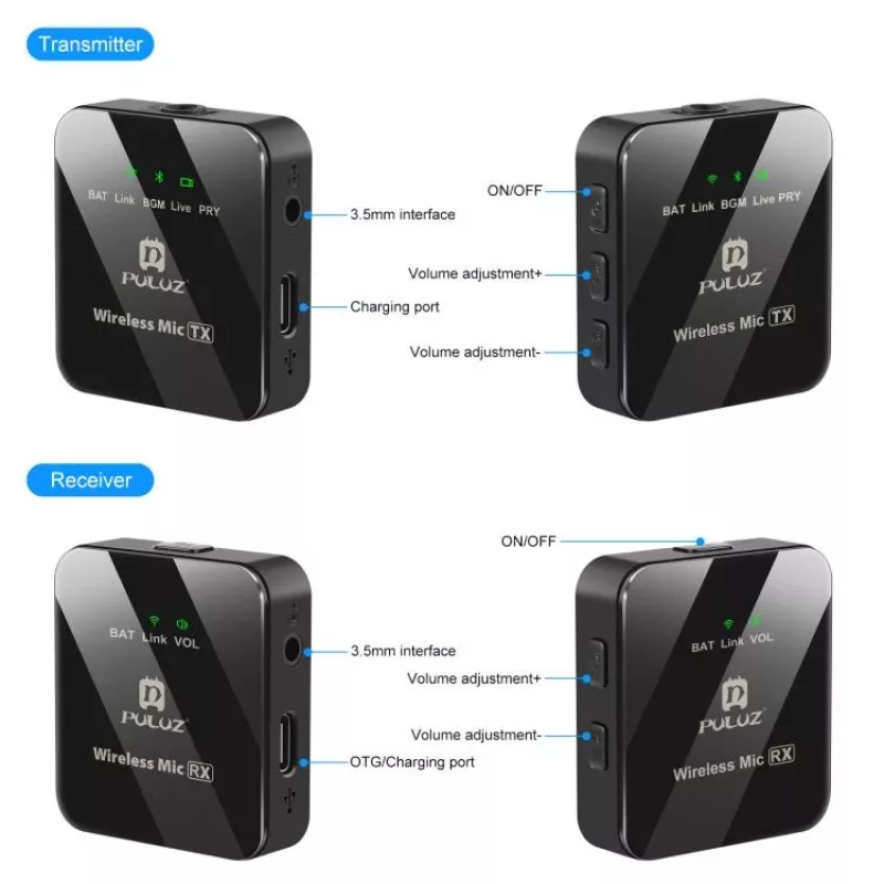 PULUZ PU3153B Micrófono inalámbrico Bluetooth de 3,5 mm TRS/TRRS para teléfono y cámara