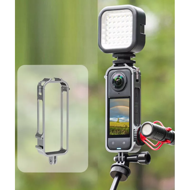 SUNNYLIFE Soporte de marco con 2 soportes de zapata en frío y tapa de objetivo de silicona para Insta360 X4 (Negro)