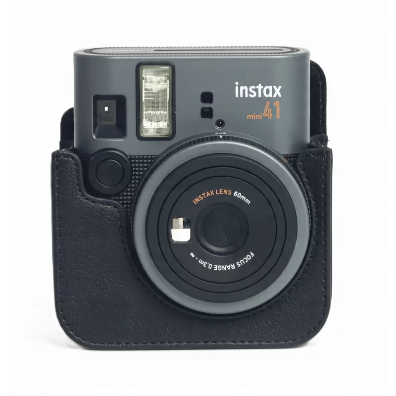 LOVEINSTANT Bolsa de cámara para Fujifilm Instax Mini 41 - Funda protectora de piel de PU negra con correa de hombro