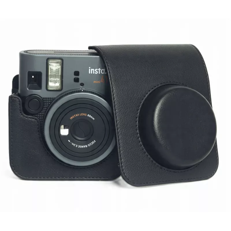 LOVEINSTANT Bolsa de cámara para Fujifilm Instax Mini 41 - Funda protectora de piel de PU negra con correa de hombro