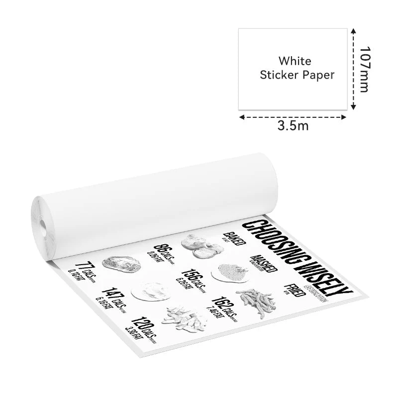 Phomemo 3 rollos de papel de etiquetas autoadhesivas Blanco 110mm para Phomemo M832 M04S M04AS / Q22-RMS10-107