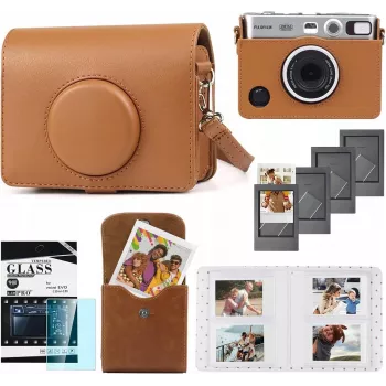 LOVEINSTANT Kit 5 en 1: funda protectora + cristal templado + álbum de fotos de 64 bolsillos + bolsa para fotos + marcos para Fuji Instax Mini Evo / Marrón