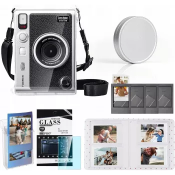 LOVEINSTANT Kit 6 en 1: carcasa rígida transparente + protector de cristal templado + álbum de fotos de 64 bolsillos + tapa de objetivo + marcos + correa de hombro para Fujifilm Instax Mini Evo