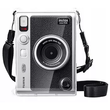 LOVEINSTANT Kit 6 en 1: carcasa rígida transparente + protector de cristal templado + álbum de fotos de 64 bolsillos + tapa de objetivo + marcos + correa de hombro para Fujifilm Instax Mini Evo