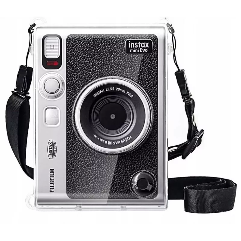 LOVEINSTANT Kit 6 en 1: carcasa rígida transparente + protector de cristal templado + álbum de fotos de 64 bolsillos + tapa de objetivo + marcos + correa de hombro para Fujifilm Instax Mini Evo