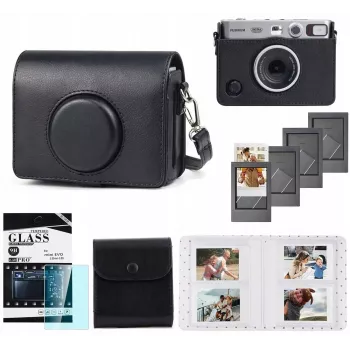 LOVEINSTANT Kit 5 en 1: funda + cristal templado + álbum de 64 bolsillos + bolsa para fotos + marcos para Fuji Instax Mini Evo / Negro