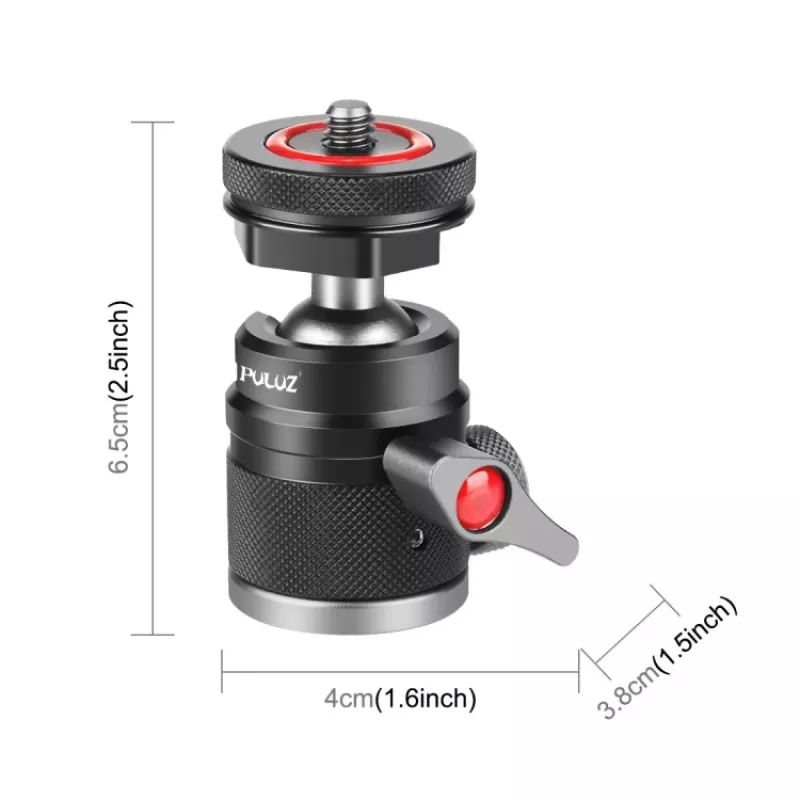 PULUZ Rótula mini 3D con tornillo de 1/4 de pulgada y 2 soportes de zapata en frío, capacidad de carga 3 kg, Negra PU3075B