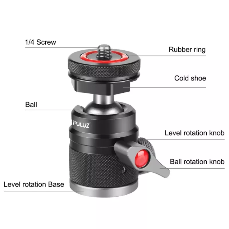 PULUZ Rótula mini 3D con tornillo de 1/4 de pulgada y 2 soportes de zapata en frío, capacidad de carga 3 kg, Negra PU3075B