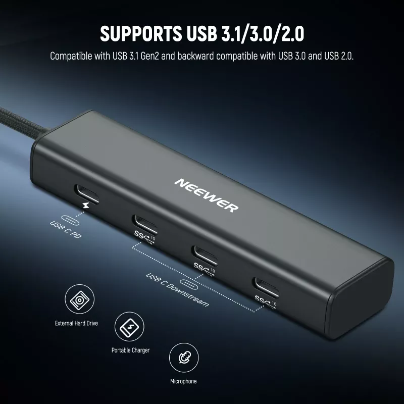 NEEWER PS020E hub USB-C 4 en 1 con 5x USB-C 10Gbps 100W PD, soporte para zapata en frío y rosca de 1/4