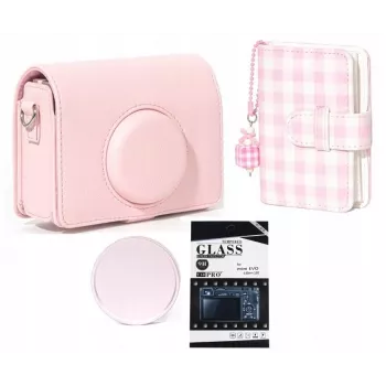 LOVEINSTANT Estuche kit 4 en 1 con álbum de fotos, protector de pantalla LCD y tapa de objetivo para Fujifilm Instax Mini Evo - Rosa