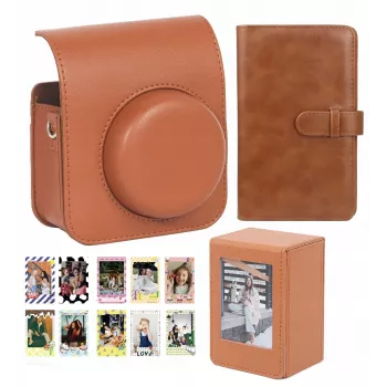 LOVEINSTANT Kit 4 en 1: Bolsa de Cámara, Álbum de Fotos, Caja de Almacenamiento, Pegatinas para Fuji Instax Mini 41 - Marrón
