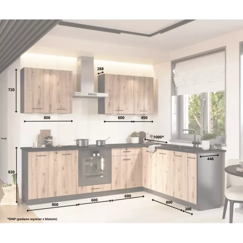 STOLKAR Cosmo Design ANIKA Conjunto de muebles de cocina, Artisan Oak/Graphite 2.0/2.6