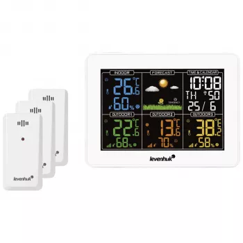 Levenhuk Wezzer PLUS LP60 estación meteorológica con pantalla LCD en color, sensor exterior inalámbrico, control de temperatura y humedad, previsión meteorológica, despertador