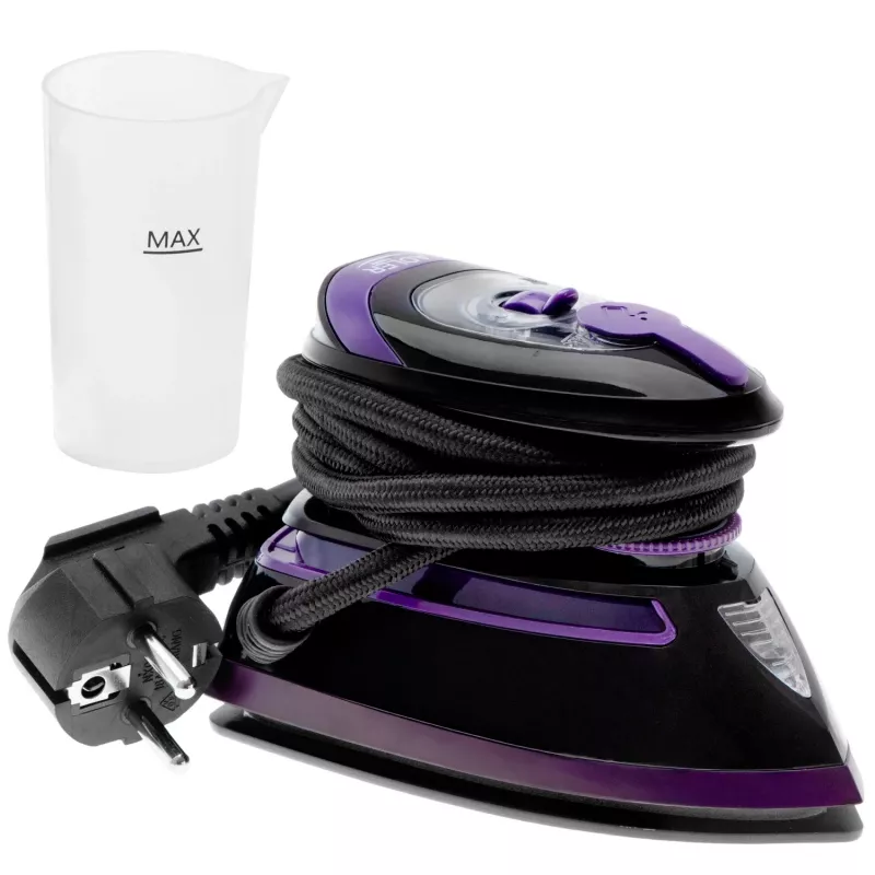 Adler AD 5049 Plancha de vapor de viaje, 420 W, suela cerámica 14 x 7,5 cm, depósito de agua 30 ml, 110/220 V, negro/violeta