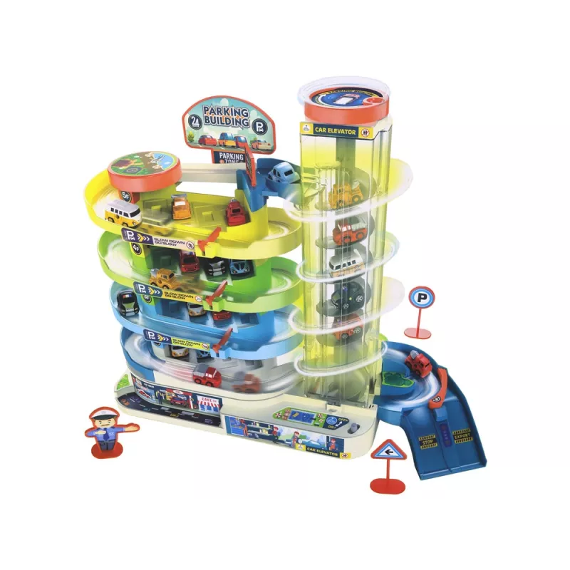 LEAN TOYS Parking interactivo de varios pisos para coches, luces y sonidos