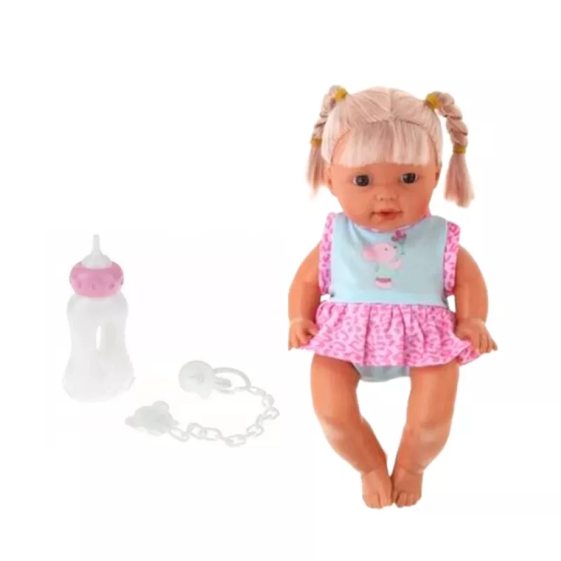 LEAN TOYS Muñeca bebé en portabebés con biberón, chupete, habla, balbucea, hace pipí