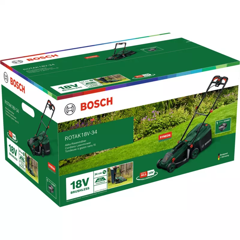 Bosch Rotak 18V-34 cortacésped de batería con set de inicio y tapón de acolchado (C)