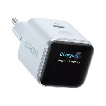 Cargador ANKER Nano 45W GaN 1x USB-C ActiveShield 5.0 sensor táctil reconocimiento iPhone SmartDisplay azul pastel