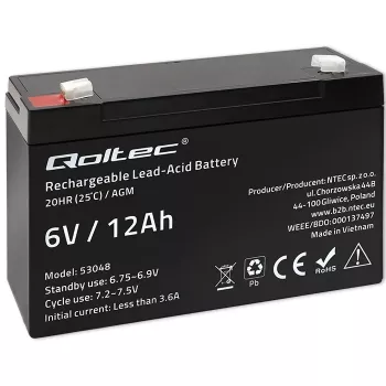 Qoltec Batería AGM 6V 12Ah sin mantenimiento LongLife para SAI, balanzas, cajas registradoras