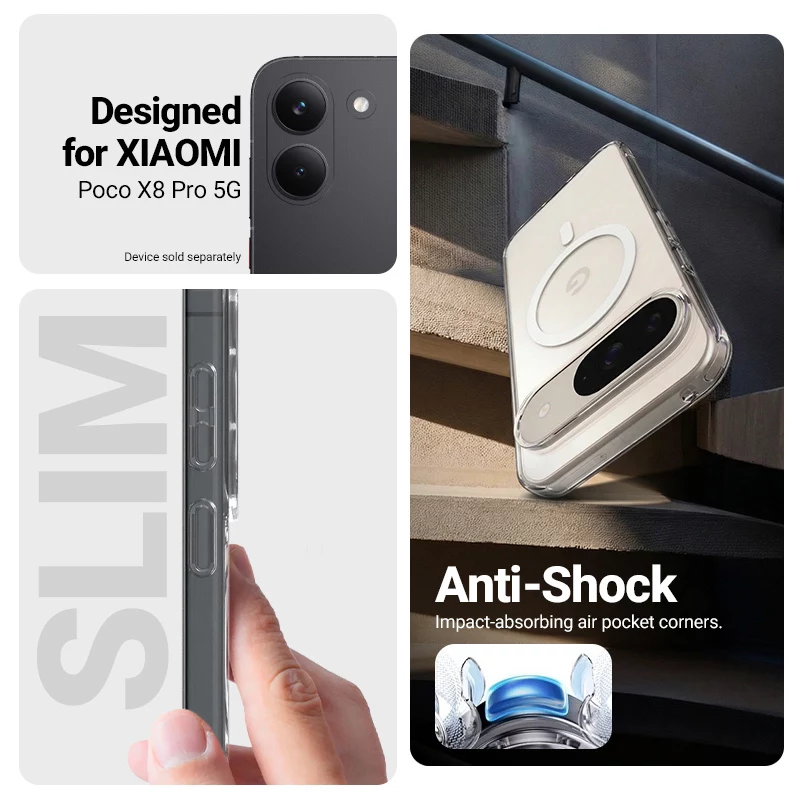 Crong Hybrid Clear Magnetic Case para Xiaomi POCO X8 Pro 5G, Transparente, compatible con MagSafe