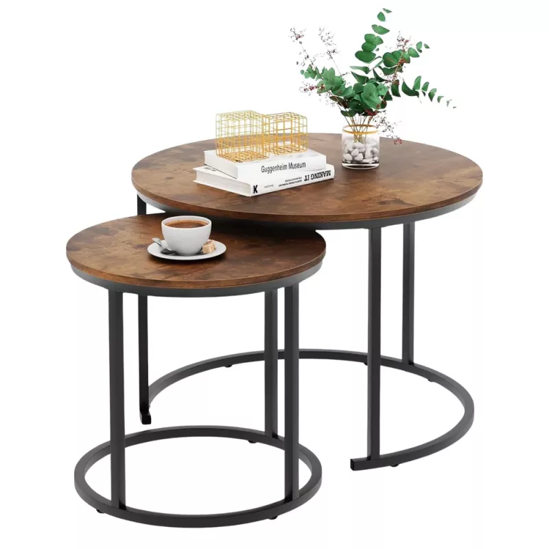 LEAN Set de 2 mesas de centro redondas 2 en 1, vintage, madera natural, 60x45cm, 40x40cm